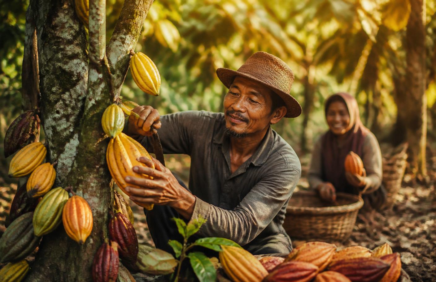 Petani Indonesia memanen buah kakao di kebun saat matahari sore